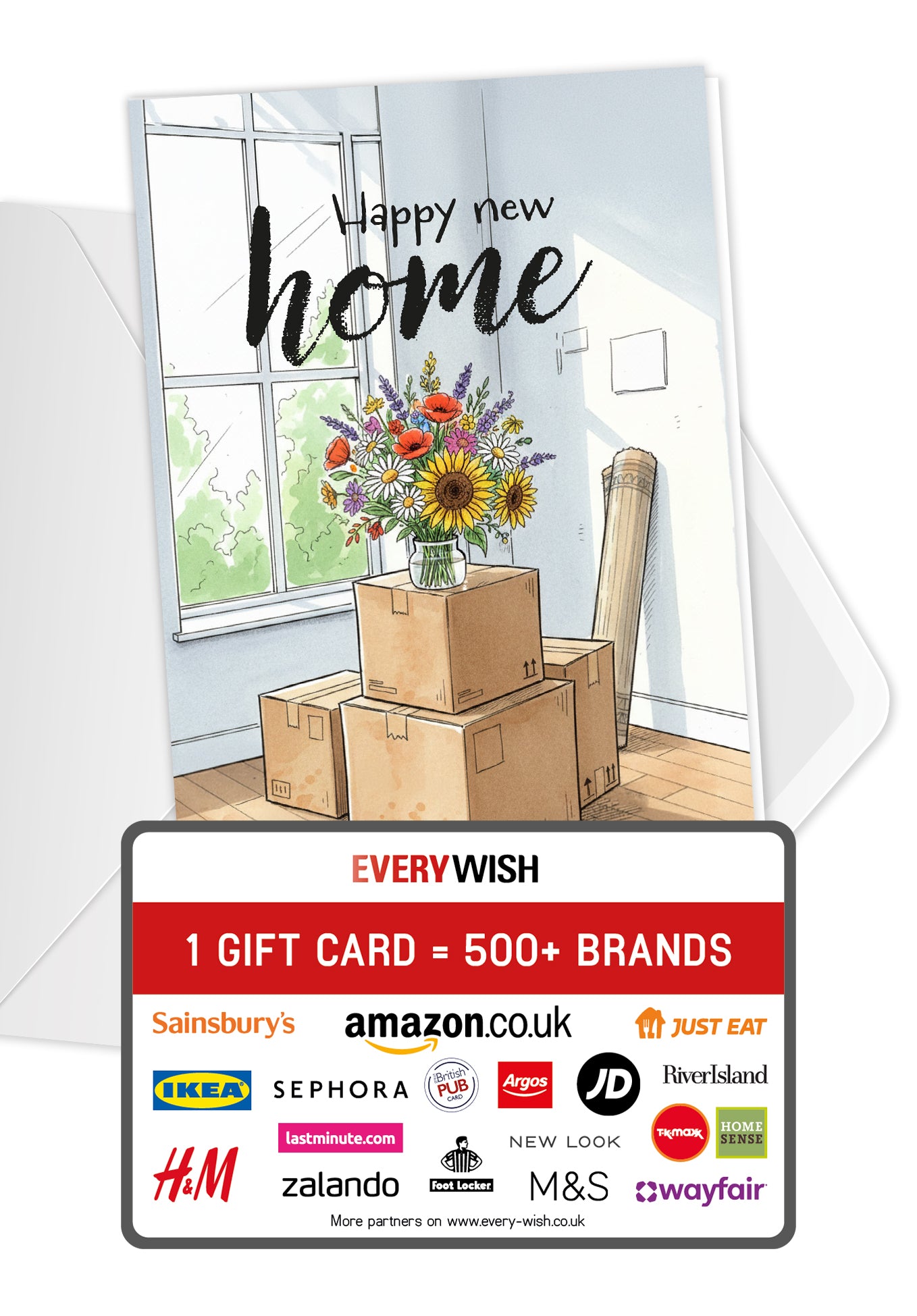 Happy new home - Bouquet of flowers and boxes