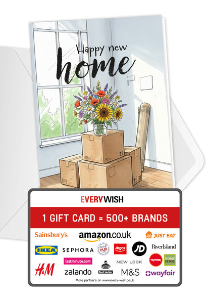 Happy new home - Bouquet of flowers and boxes