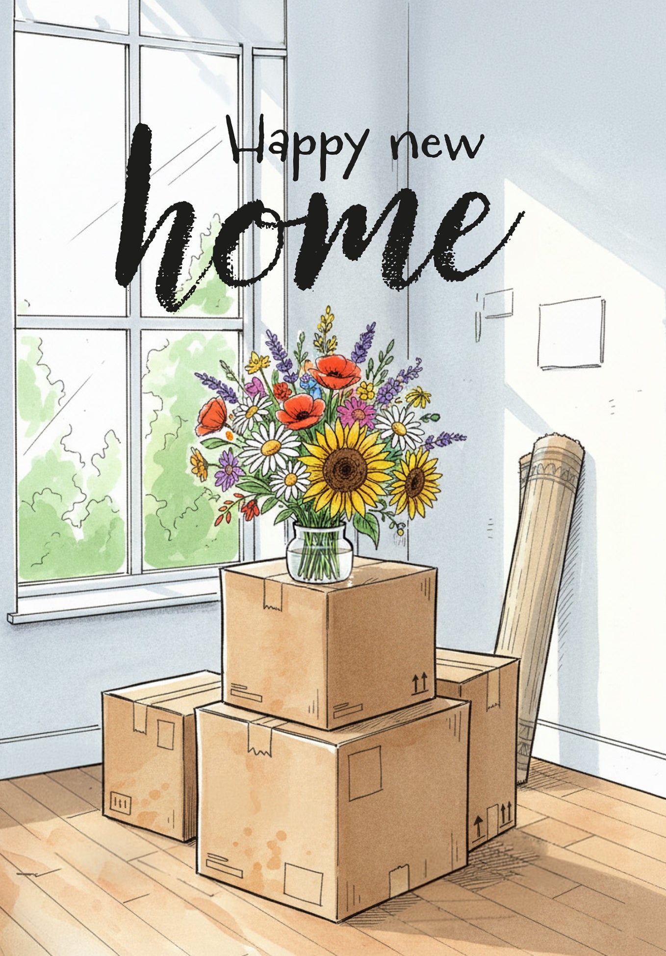 Happy new home - Bouquet of flowers and boxes