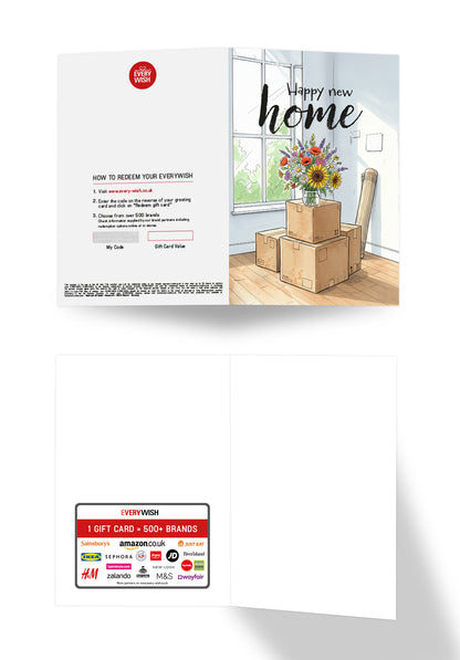 Happy new home - Bouquet of flowers and boxes