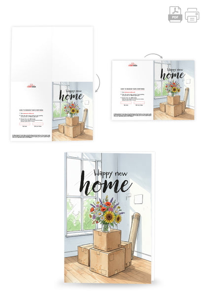 Happy new home - Bouquet of flowers and boxes